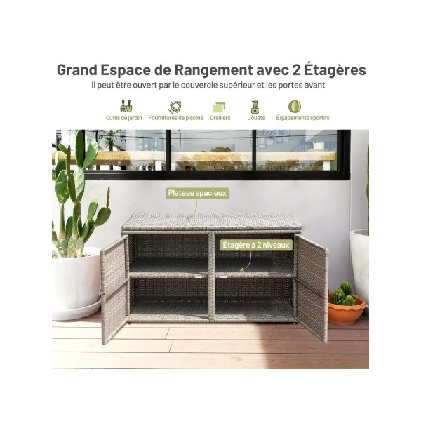 Coffre Rangement Polyrotin Gris Boite de Rangement Stockage Coffre Extérieur Balcon Terrasse 2 Etagères