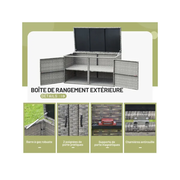 Coffre Rangement Polyrotin Gris Boite de Rangement Stockage Coffre Extérieur Balcon Terrasse 2 Etagères