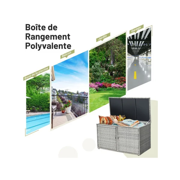 Coffre Rangement Polyrotin Gris Boite de Rangement Stockage Coffre Extérieur Balcon Terrasse 2 Etagères