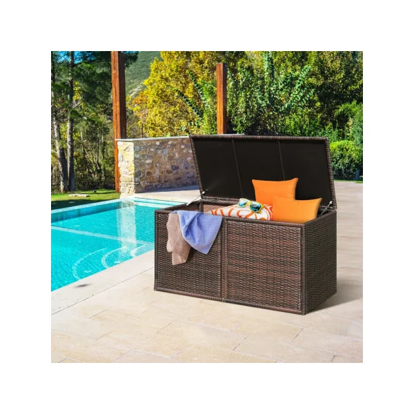 Coffre Rangement Polyrotin Marron Boite de Rangement Stockage Coffre Extérieur Balcon Terrasse 2 Etagères