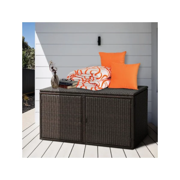 Coffre Rangement Polyrotin Marron Boite de Rangement Stockage Coffre Extérieur Balcon Terrasse 2 Etagères