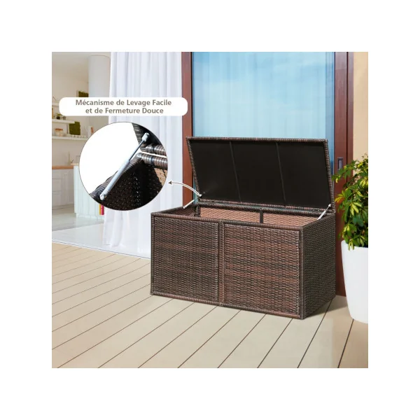 Coffre Rangement Polyrotin Marron Boite de Rangement Stockage Coffre Extérieur Balcon Terrasse 2 Etagères