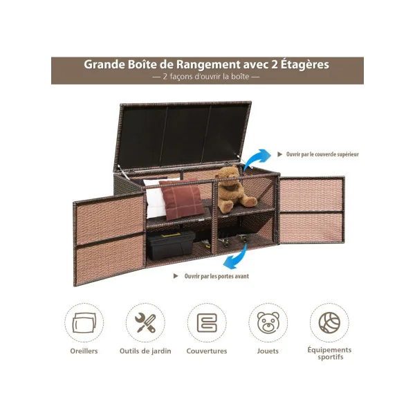 Coffre Rangement Polyrotin Marron Boite de Rangement Stockage Coffre Extérieur Balcon Terrasse 2 Etagères