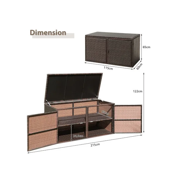 Coffre Rangement Polyrotin Marron Boite de Rangement Stockage Coffre Extérieur Balcon Terrasse 2 Etagères