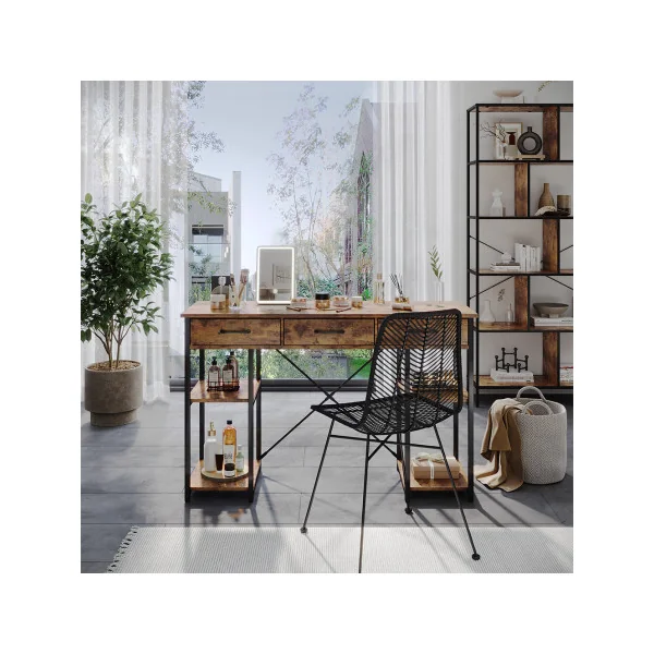 Coiffeuse 3 Tiroirs Chêne Rustique et Acier Noir Table Maquillage Table Cosmétique