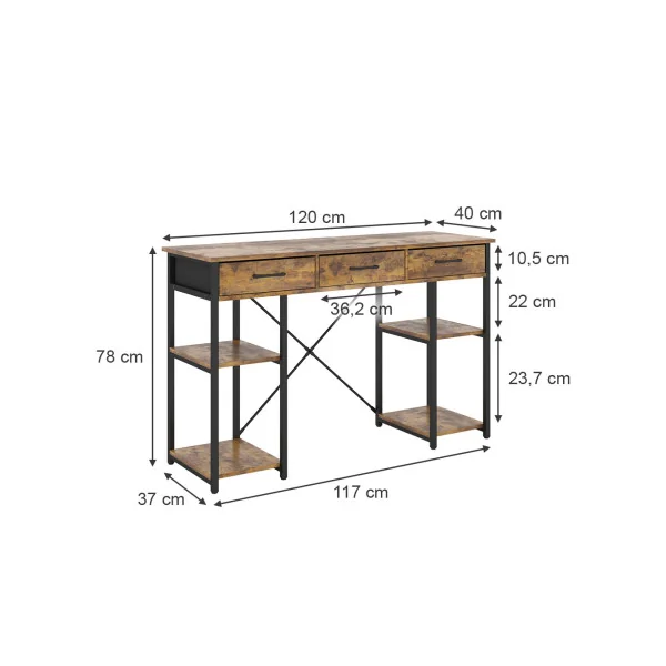 Coiffeuse 3 Tiroirs Chêne Rustique et Acier Noir Table Maquillage Table Cosmétique
