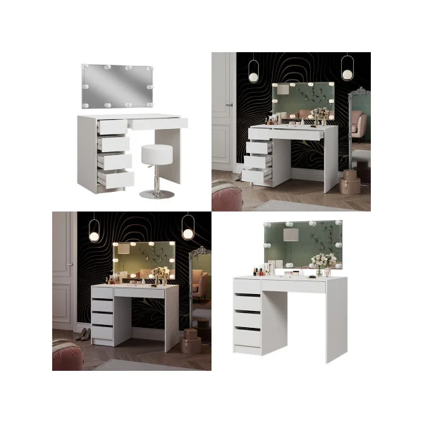 Coiffeuse Blanche 5 Tiroirs + Miroir LED Table Maquillage Coiffeuse avec Miroir Coiffeuse moderne Coiffeuse femme