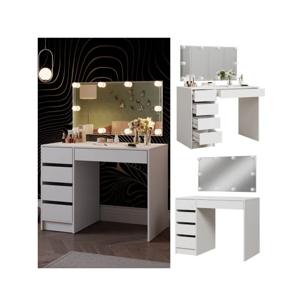 Coiffeuse Blanche 5 Tiroirs + Miroir LED Table Maquillage Coiffeuse avec Miroir Coiffeuse moderne Coiffeuse femme