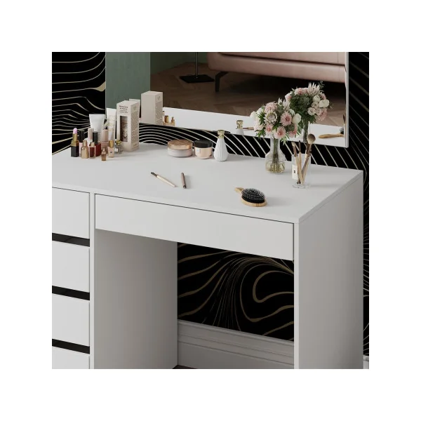 Coiffeuse Blanche 5 Tiroirs + Miroir LED Table Maquillage Coiffeuse avec Miroir Coiffeuse moderne Coiffeuse femme