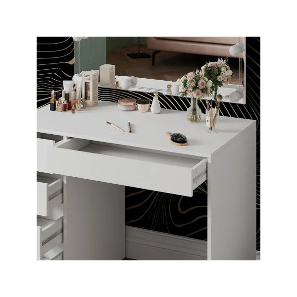 Coiffeuse Blanche 5 Tiroirs + Miroir LED Table Maquillage Coiffeuse avec Miroir Coiffeuse moderne Coiffeuse femme