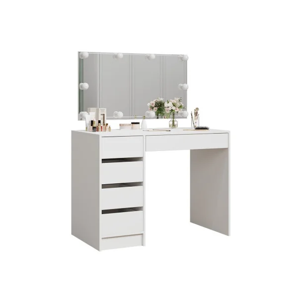 Coiffeuse Blanche 5 Tiroirs + Miroir LED Table Maquillage Coiffeuse avec Miroir Coiffeuse moderne Coiffeuse femme