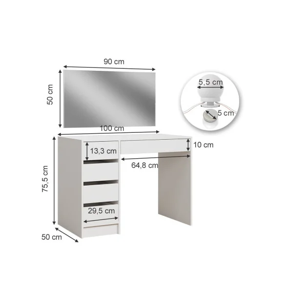 Coiffeuse Blanche 5 Tiroirs + Miroir LED Table Maquillage Coiffeuse avec Miroir Coiffeuse moderne Coiffeuse femme