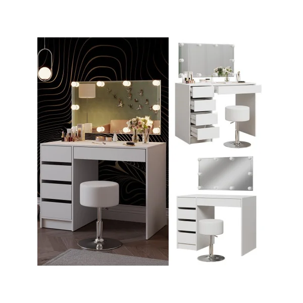 Coiffeuse Blanche 5 Tiroirs + Miroir LED + Tabouret Table Maquillage Coiffeuse avec Miroir Coiffeuse moderne Coiffeuse femme