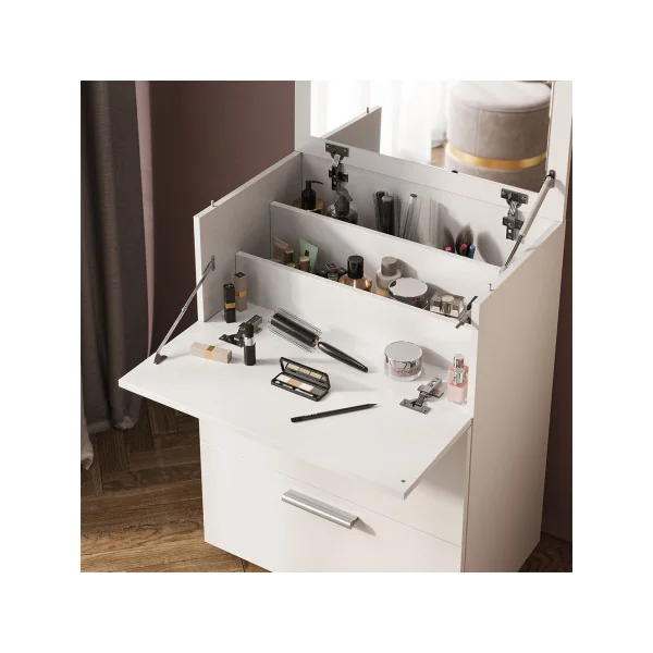 Coiffeuse Blanche avec Miroir Rabattable 2 Tiroirs