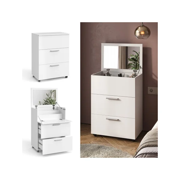 Coiffeuse Blanche avec Miroir Rabattable 2 Tiroirs