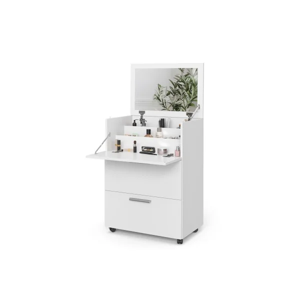 Coiffeuse Blanche avec Miroir Rabattable 2 Tiroirs