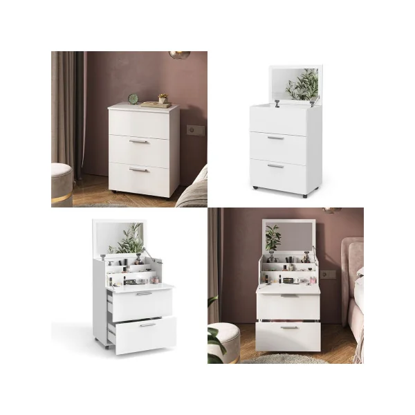 Coiffeuse Blanche avec Miroir Rabattable 2 Tiroirs