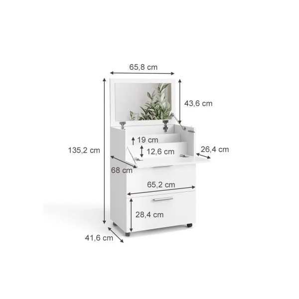 Coiffeuse Blanche avec Miroir Rabattable 2 Tiroirs
