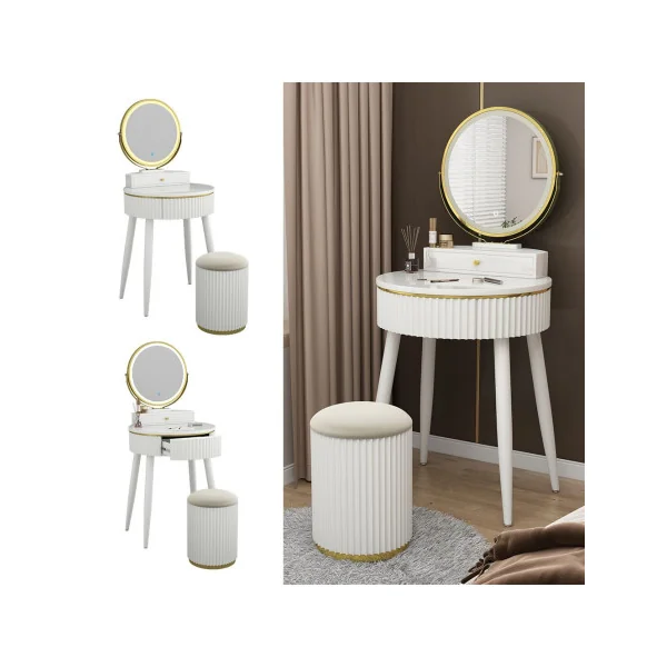 Coiffeuse Blanche Design avec Miroir LED 2 Tiroirs Tabouret avec Rangement Table Maquillage