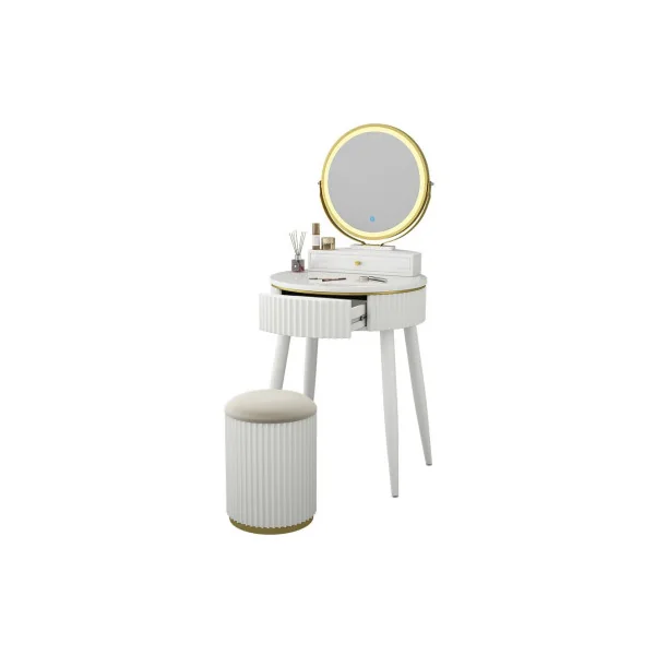 Coiffeuse Blanche Design avec Miroir LED 2 Tiroirs Tabouret avec Rangement Table Maquillage