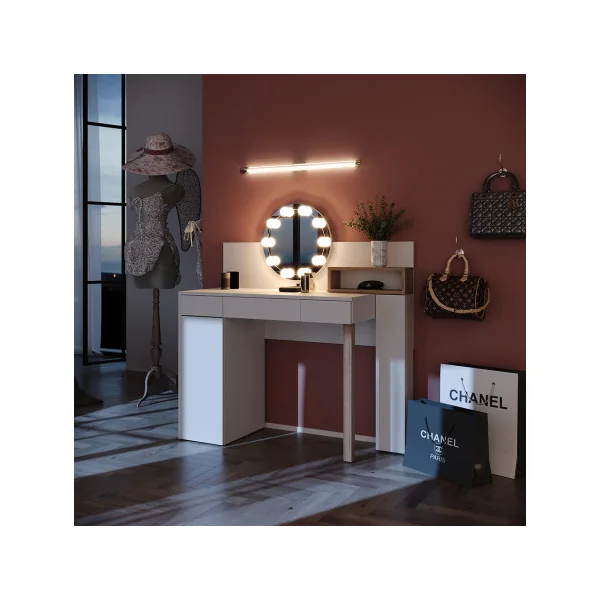 Coiffeuse Blanche et Chêne 110 cm avec Miroir Rond LED Table Maquillage Chambre