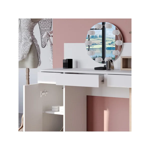 Coiffeuse Blanche et Chêne 110 cm avec Miroir Rond LED Table Maquillage Chambre