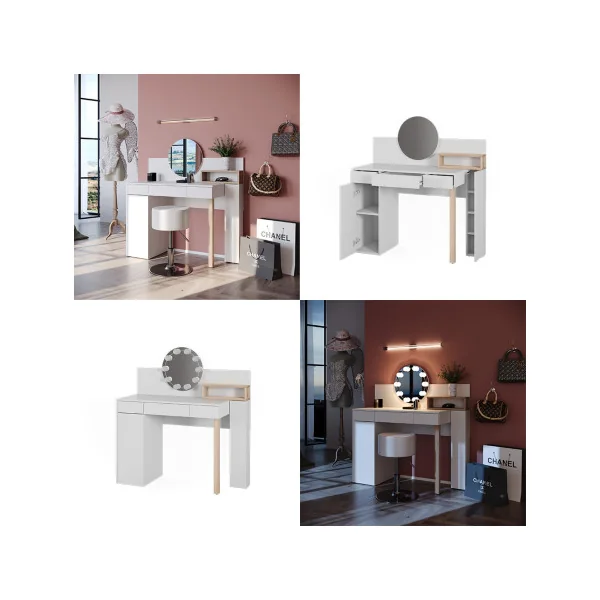 Coiffeuse Blanche et Chêne 110 cm avec Miroir Rond LED Table Maquillage Chambre