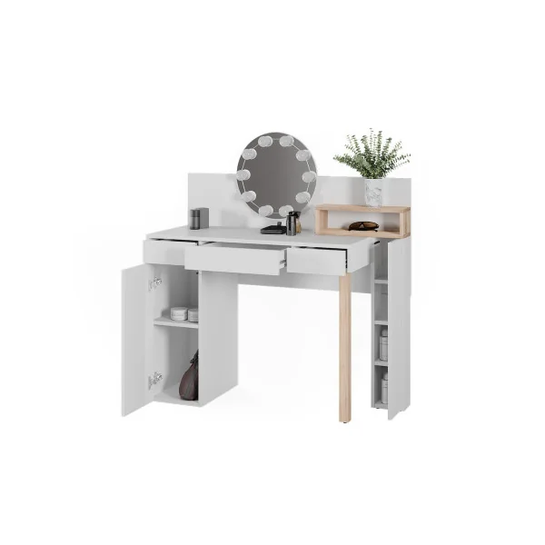 Coiffeuse Blanche et Chêne 110 cm avec Miroir Rond LED Table Maquillage Chambre
