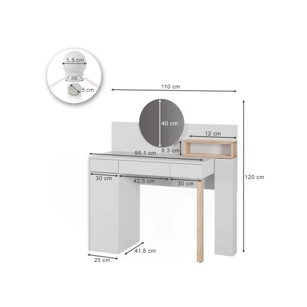 Coiffeuse Blanche et Chêne 110 cm avec Miroir Rond LED Table Maquillage Chambre