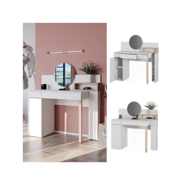 Coiffeuse Blanche et Chêne 110 cm avec Miroir Rond Table Maquillage Chambre