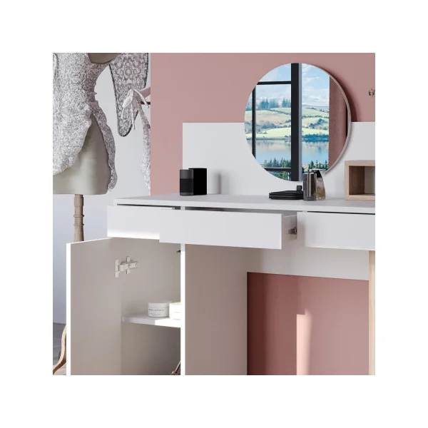 Coiffeuse Blanche et Chêne 110 cm avec Miroir Rond Table Maquillage Chambre