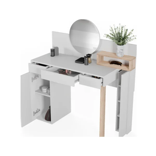 Coiffeuse Blanche et Chêne 110 cm avec Miroir Rond Table Maquillage Chambre