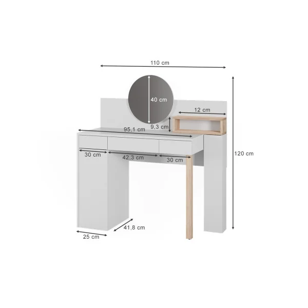Coiffeuse Blanche et Chêne 110 cm avec Miroir Rond Table Maquillage Chambre