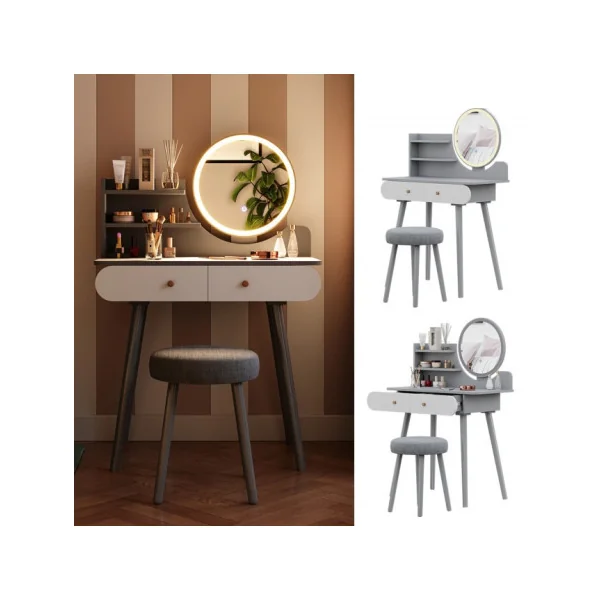 Coiffeuse Blanche et Grise 2 tiroirs Miroir LED + Tabouret Table manucure Coiffeuse femme esprit scandinave