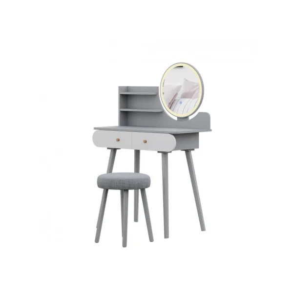 Coiffeuse Blanche et Grise 2 tiroirs Miroir LED + Tabouret Table manucure Coiffeuse femme esprit scandinave