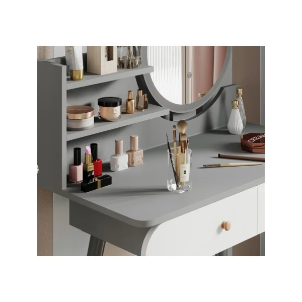 Coiffeuse Blanche et Grise 2 tiroirs Miroir LED + Tabouret Table manucure Coiffeuse femme esprit scandinave