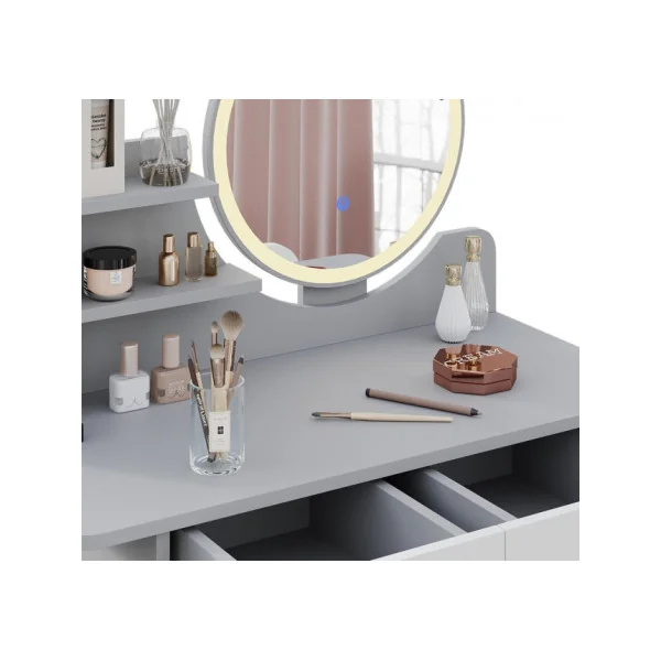 Coiffeuse Blanche et Grise 2 tiroirs Miroir LED + Tabouret Table manucure Coiffeuse femme esprit scandinave