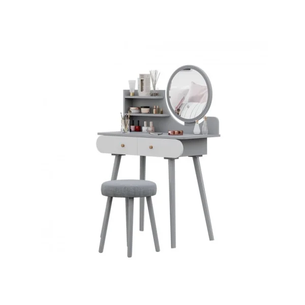 Coiffeuse Blanche et Grise 2 tiroirs Miroir LED + Tabouret Table manucure Coiffeuse femme esprit scandinave
