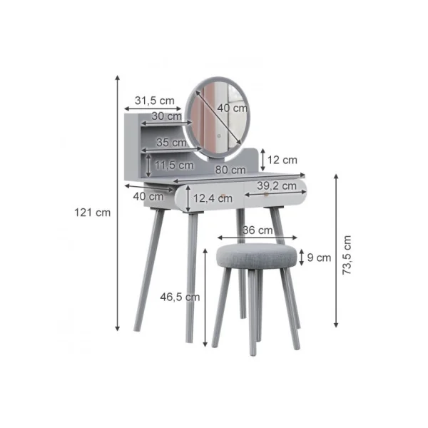 Coiffeuse Blanche et Grise 2 tiroirs Miroir LED + Tabouret Table manucure Coiffeuse femme esprit scandinave