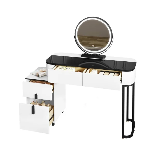 Coiffeuse Blanche et Noir Plateau Verre Table Maquillage 4 Tiroirs Caisson Réversible Coiffeuse avec Miroir et Rangements