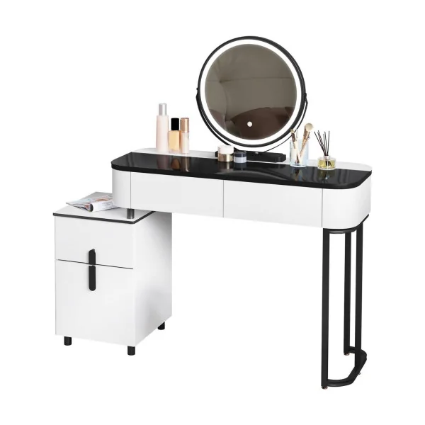 Coiffeuse Blanche et Noir Plateau Verre Table Maquillage 4 Tiroirs Caisson Réversible Coiffeuse avec Miroir et Rangements