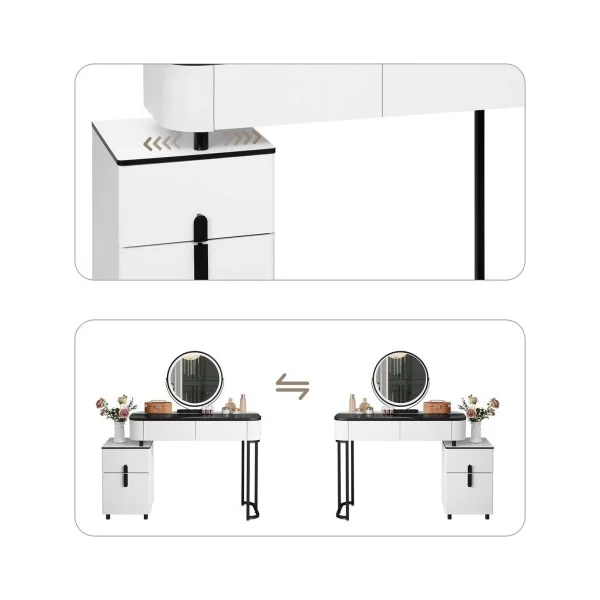 Coiffeuse Blanche et Noir Plateau Verre Table Maquillage 4 Tiroirs Caisson Réversible Coiffeuse avec Miroir et Rangements