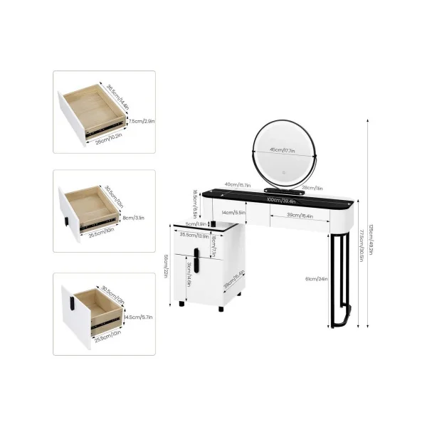 Coiffeuse Blanche et Noir Plateau Verre Table Maquillage 4 Tiroirs Caisson Réversible Coiffeuse avec Miroir et Rangements