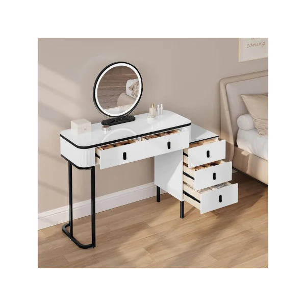Coiffeuse Blanche et Noir Table Maquillage 5 Tiroirs Caisson Réversible Coiffeuse avec Miroir et Rangements