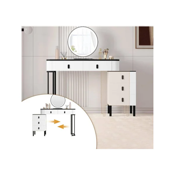 Coiffeuse Blanche et Noir Table Maquillage 5 Tiroirs Caisson Réversible Coiffeuse avec Miroir et Rangements