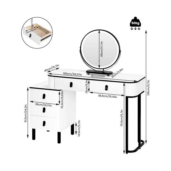 Coiffeuse Blanche et Noir Table Maquillage 5 Tiroirs Caisson Réversible Coiffeuse avec Miroir et Rangements