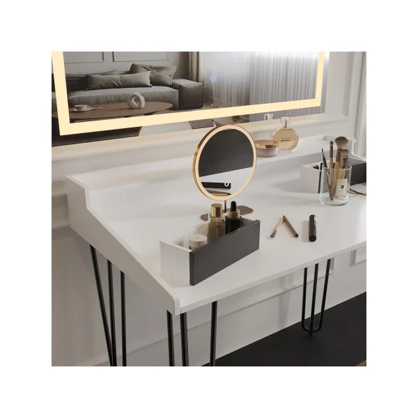 Coiffeuse Blanche Moderne Pieds Epingles 2 Tiroirs Miroir LED Table de Maquillage Chambre
