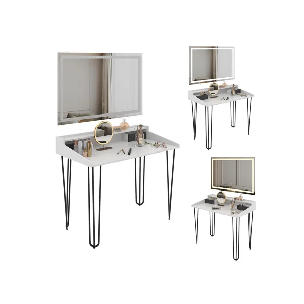 Coiffeuse Blanche Moderne Pieds Epingles 2 Tiroirs Miroir LED Table de Maquillage Chambre