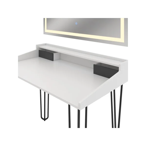 Coiffeuse Blanche Moderne Pieds Epingles 2 Tiroirs Miroir LED Table de Maquillage Chambre