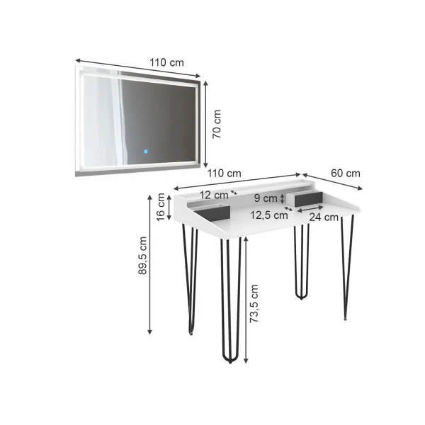 Coiffeuse Blanche Moderne Pieds Epingles 2 Tiroirs Miroir LED Table de Maquillage Chambre